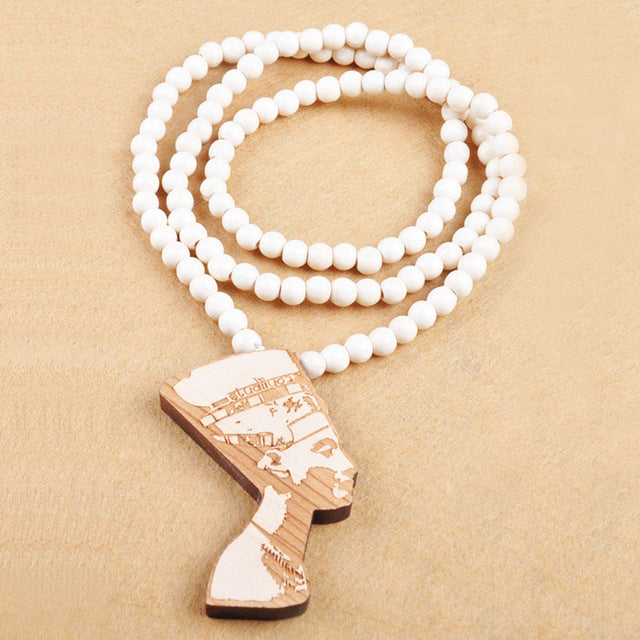 Wooden Bead Neckace with Cleopatra Pendant