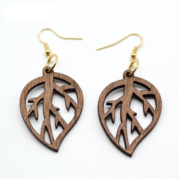 Wooden Earrings with Leaf Pattern Design