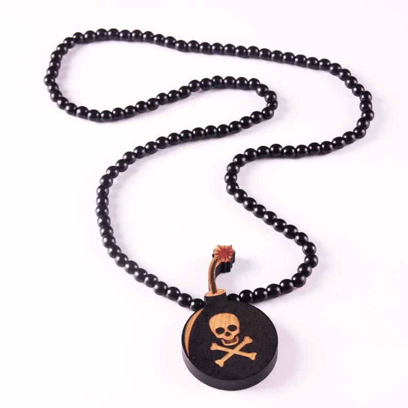 Trendy Wooden Beads Necklace with a Laser Engraved Skull Pendant