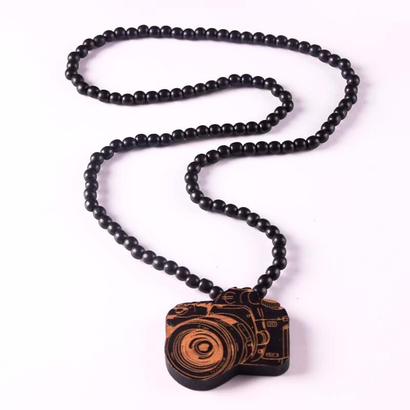 Wooden Beads Necklace with a Laser Engraved Camera Pendant