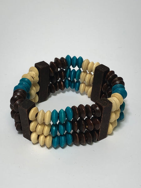Blue and Brown Multi Layer African Style Wooden Stretch Bracelet