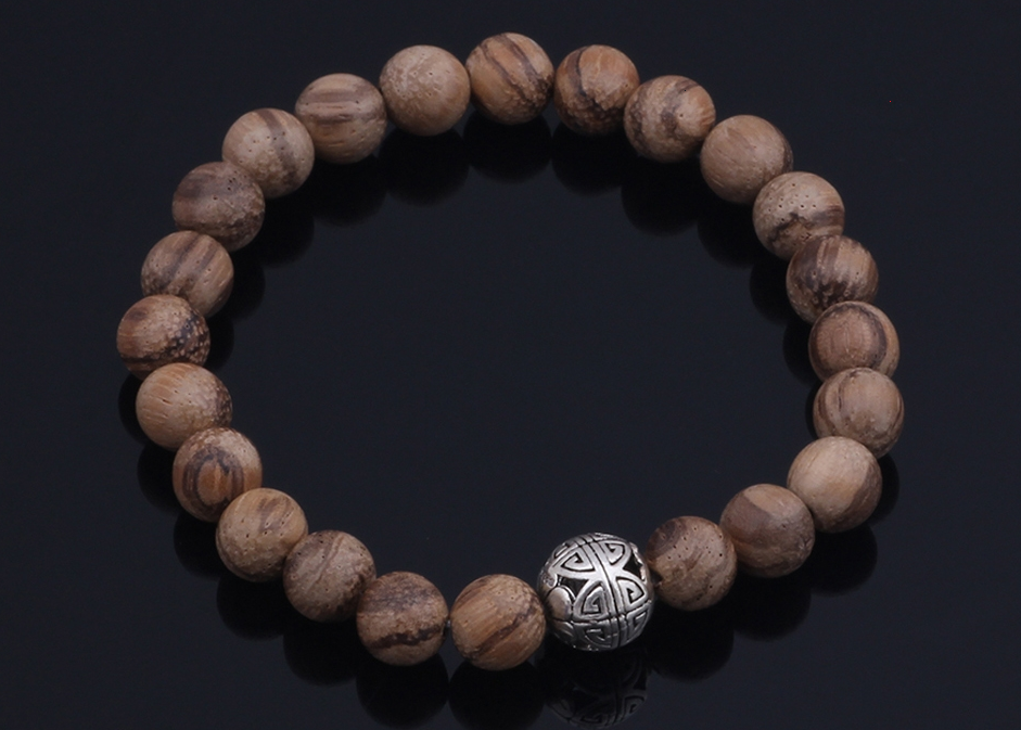 Natural Wood Bead Bracelet with Sterling Silver Charm