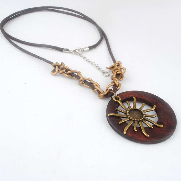 Long Chain Necklace with sun on wooden pendant