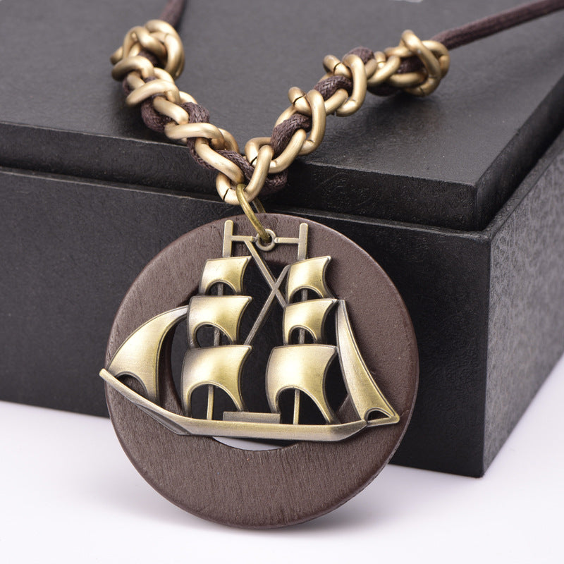 Wooden Necklace with Ship Pendant