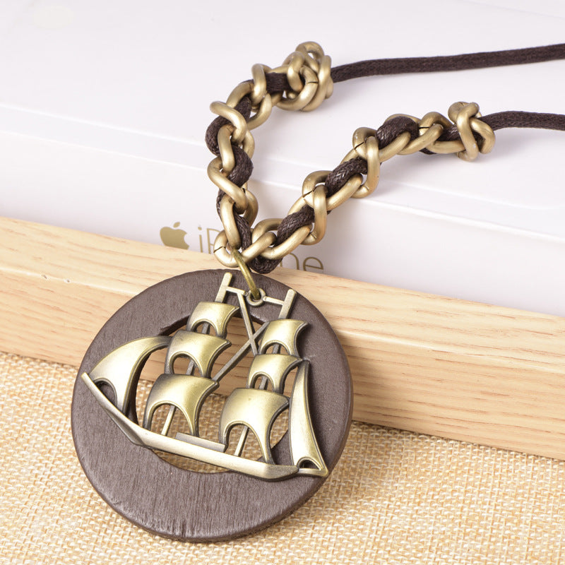 Wooden Necklace with Ship Pendant