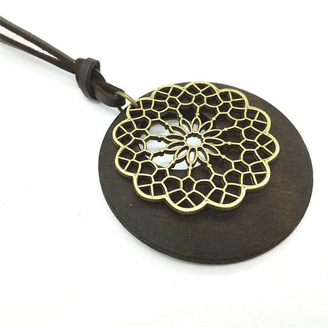 Leather Necklace with Handcrafted Flower on Wood Pendant