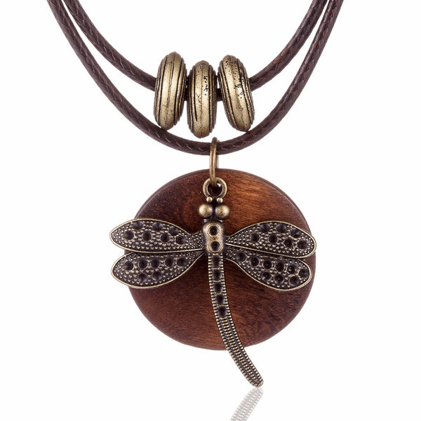 Boho Style Necklace with Wooden Dragonfly Pendant