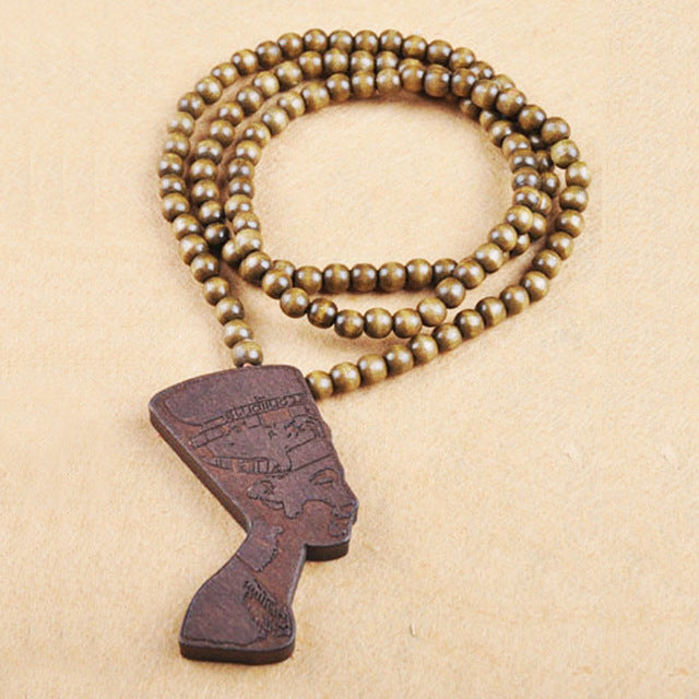Wooden Bead Neckace with Cleopatra Pendant