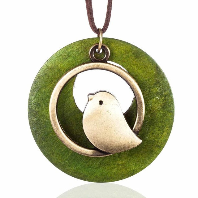 Statement Necklace with Wooden Bird Pendant