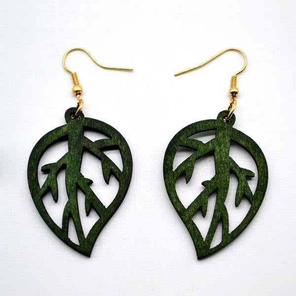 Wooden Earrings with Leaf Pattern Design
