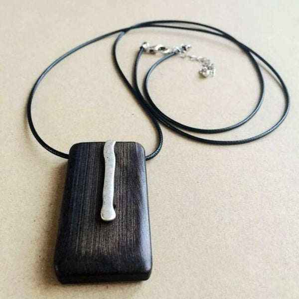 Necklace with Rectangle Shape Wooden Pendant